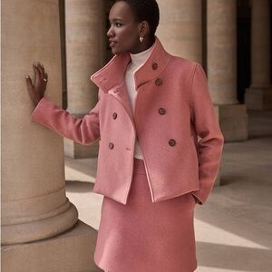 Elegant Pink Double-Breasted Women's Coat & Skirt